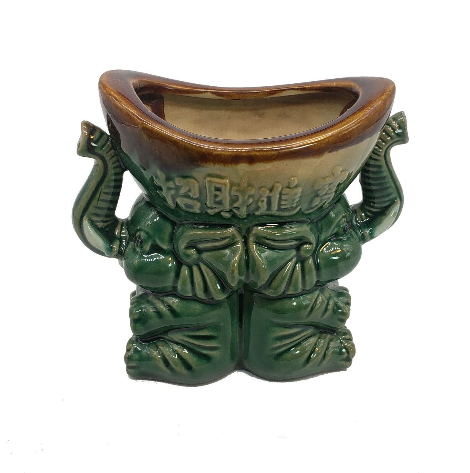 Vintage Ceramic Pottery Green Glazed Elephant Planter 