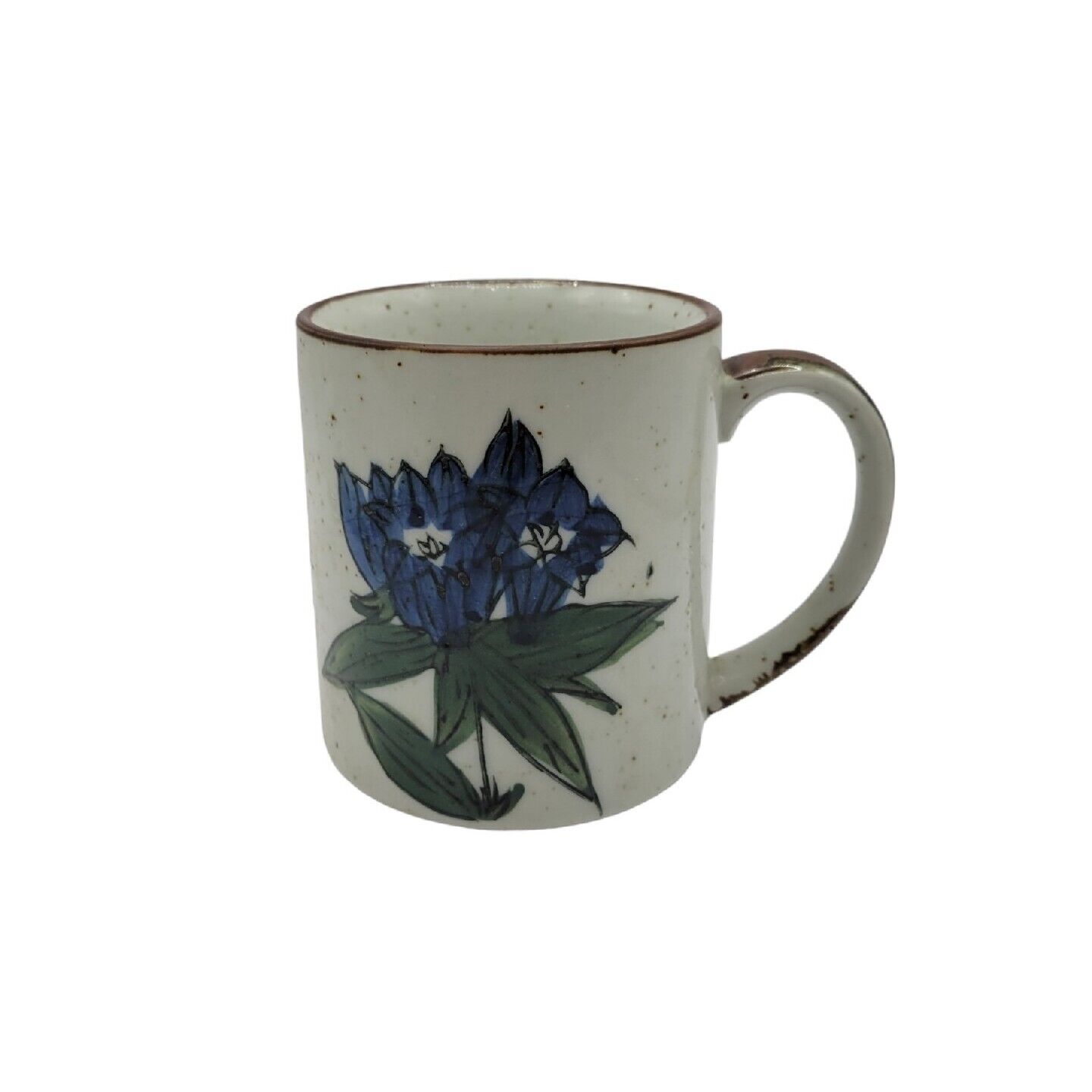 Vtg Speckled Stoneware Blue Bachelors Buttons Floral Ceramic Coffee Tea Mug