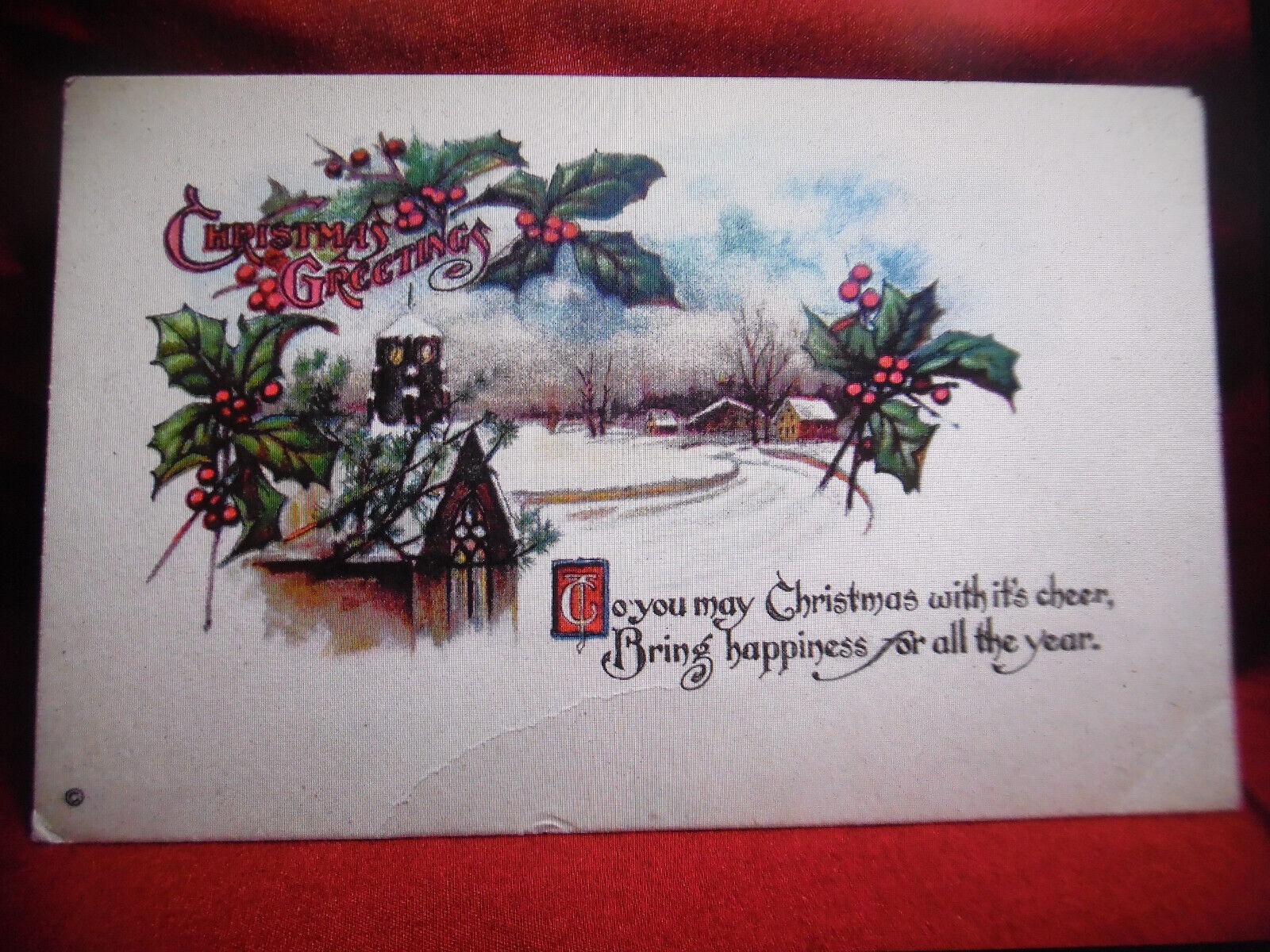 PC-7  POSTCARD - CHRISTMAS WINTER SCENE WITH HOLLY