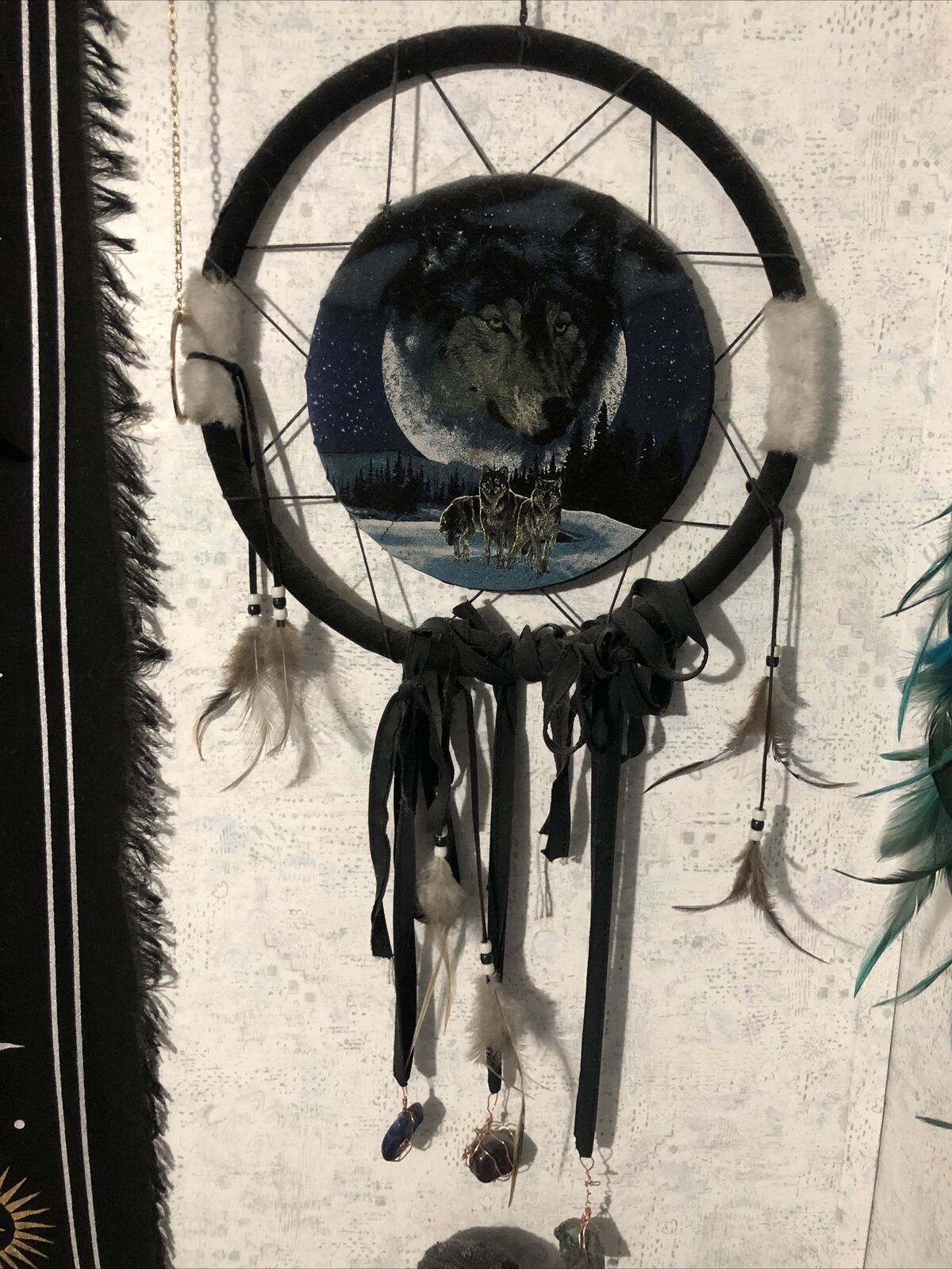 Large Native American Wolf Dream Catcher With Crystals