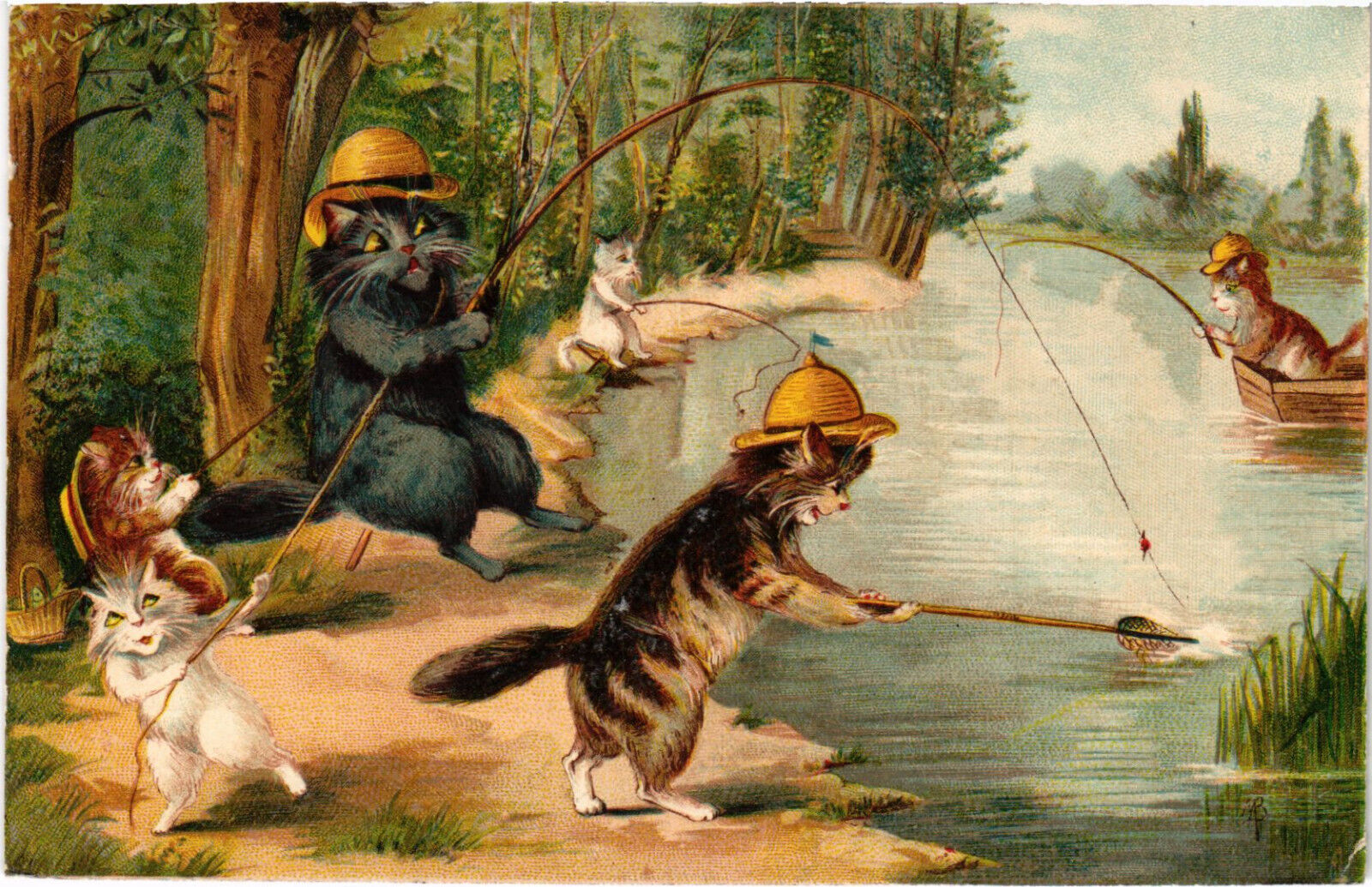 PC CATS, ARTIST SIGNED, BOULANGER, CATS FISHING, Vintage Postcard (b47441)