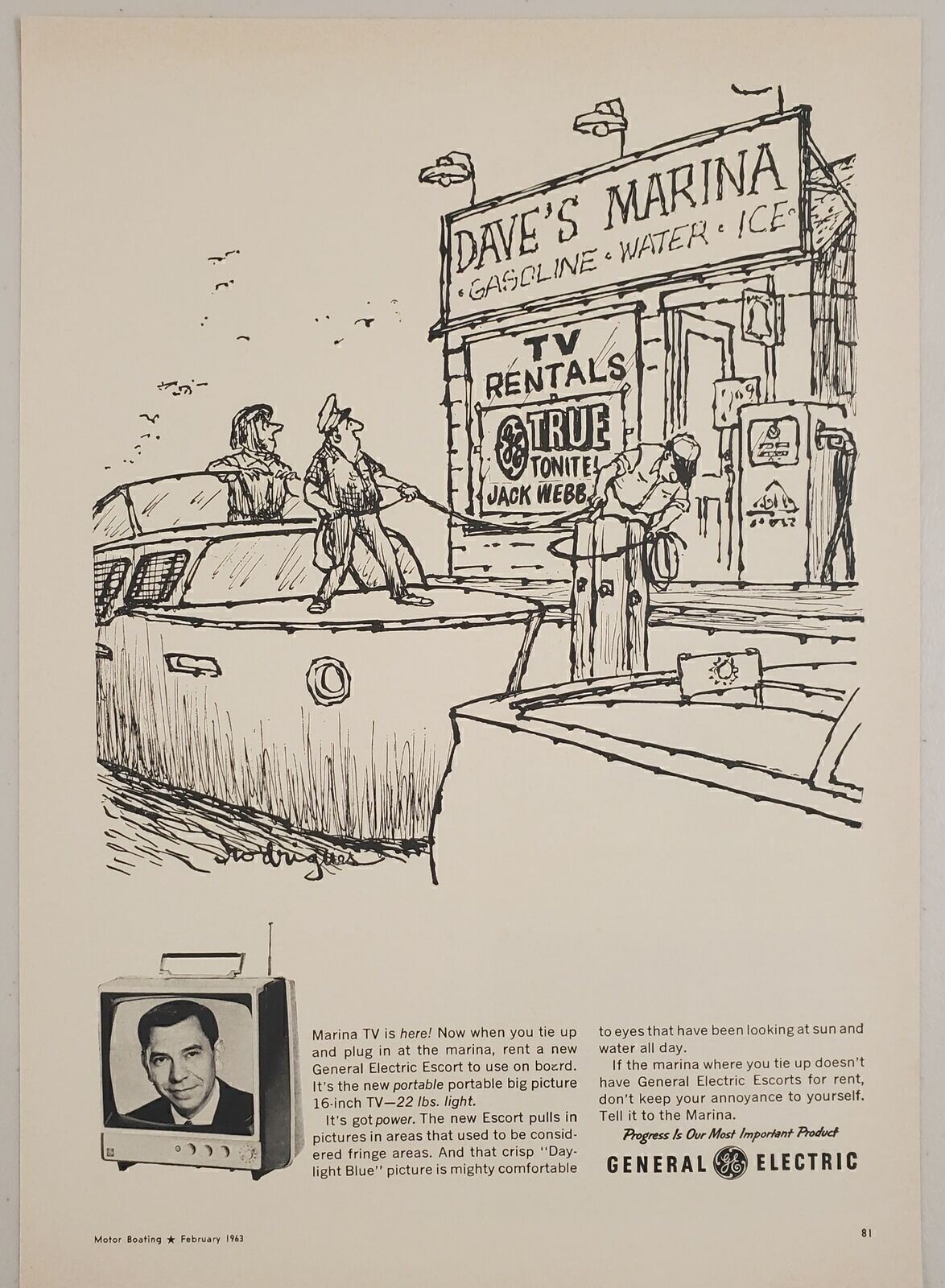 1963 Print Ad General Electric Marina Escort TV Sets Actor Jack Webb 