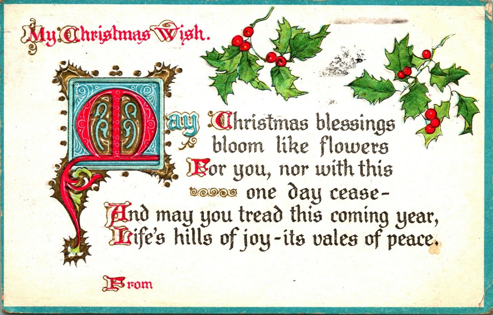 Christmas Wish Poem Illuminated Text Holly Embossed 1919 Postcard Christmas Seal