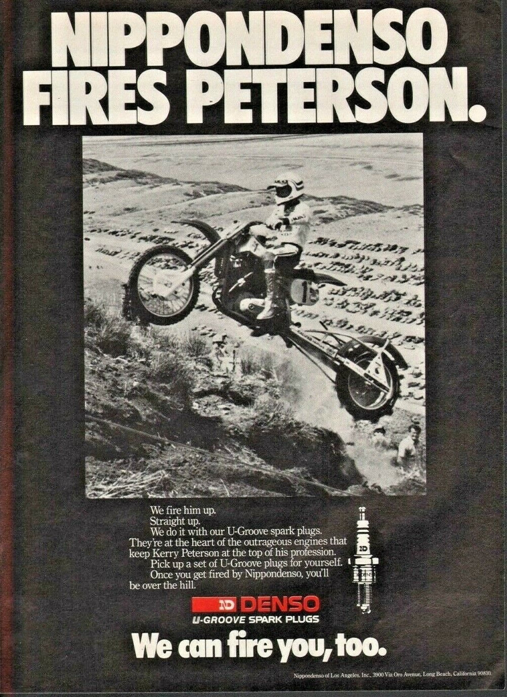 1986 Kerry Peterson for Nippondenso U-Groove Spark Plugs - Vintage Motorcycle Ad