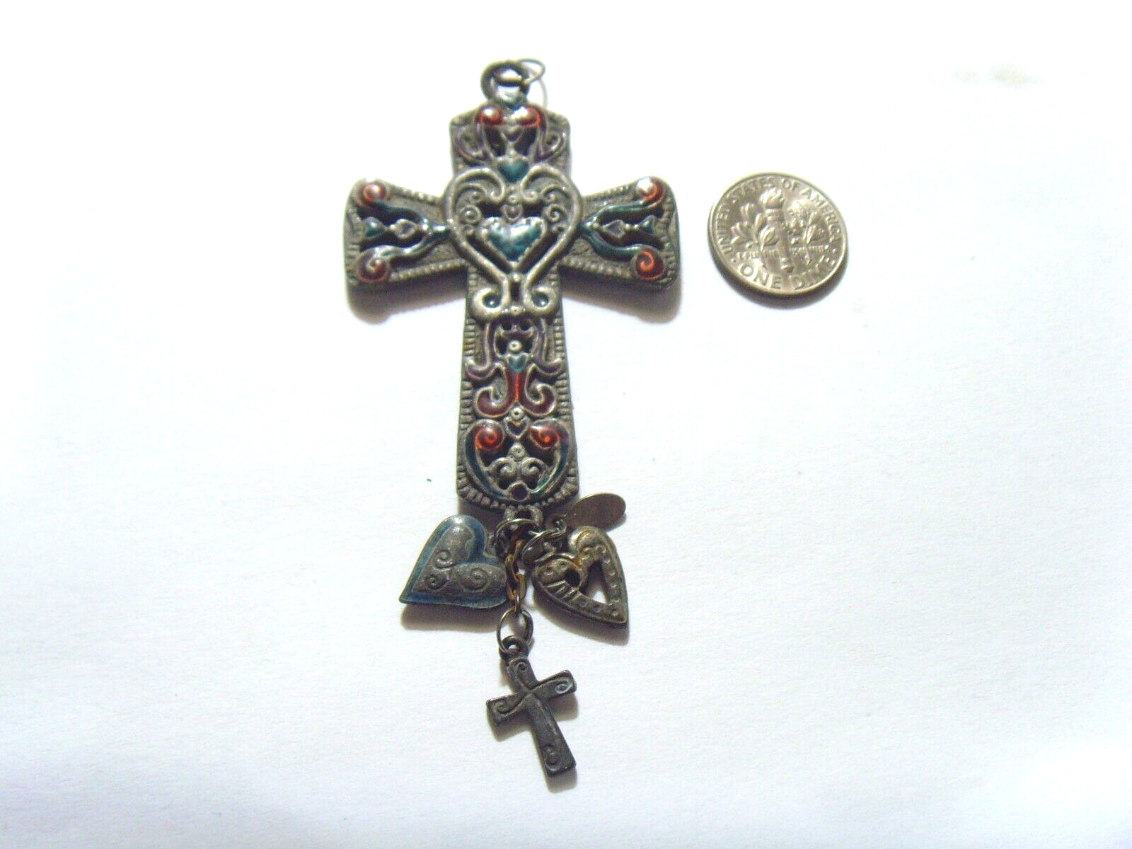 Antique unusual ornate Christian Cross pendant with religious faith charms 52300