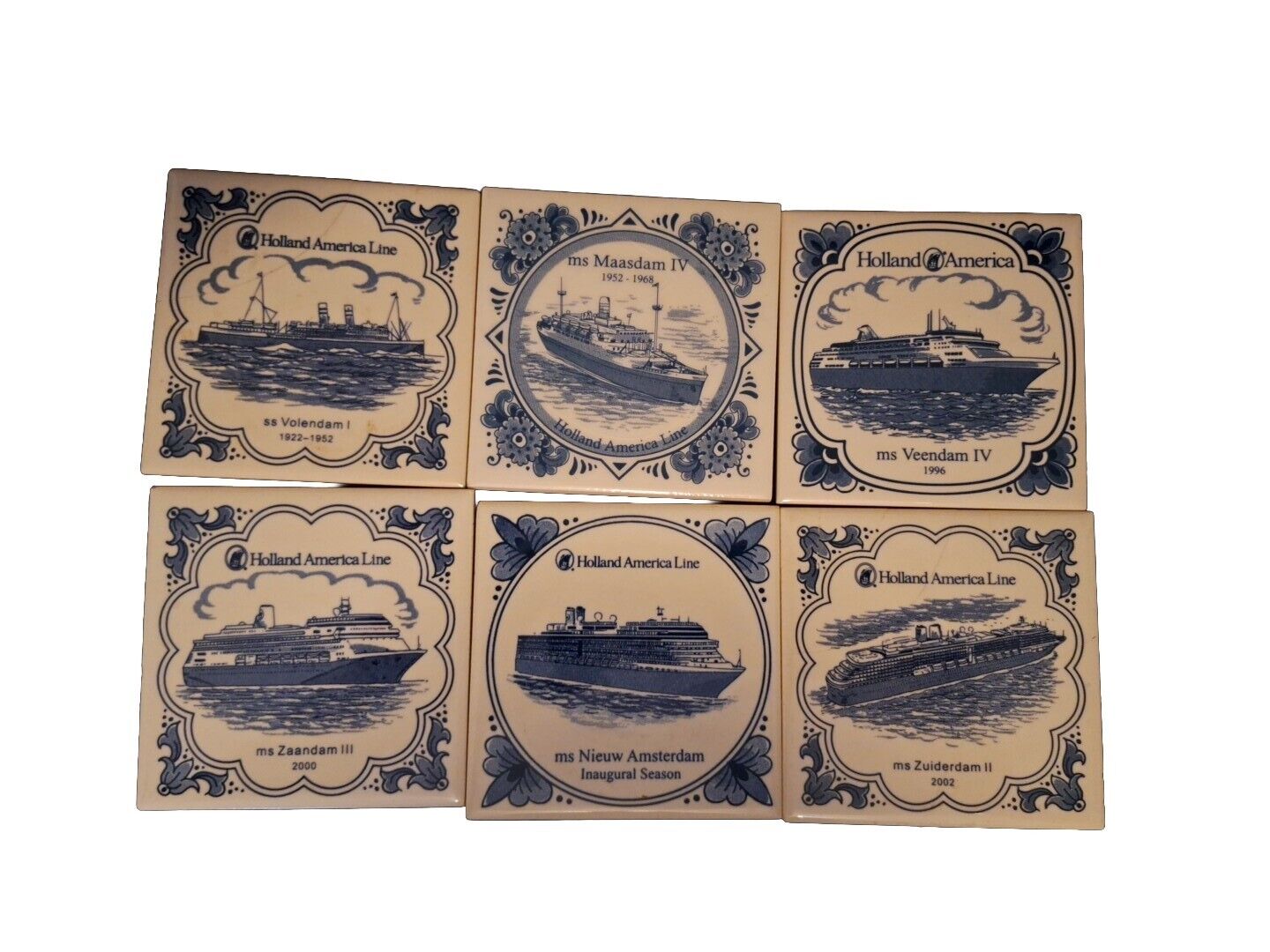 Six Vintage Holland America Lines ceramic tile cork-backed coasters, 4\