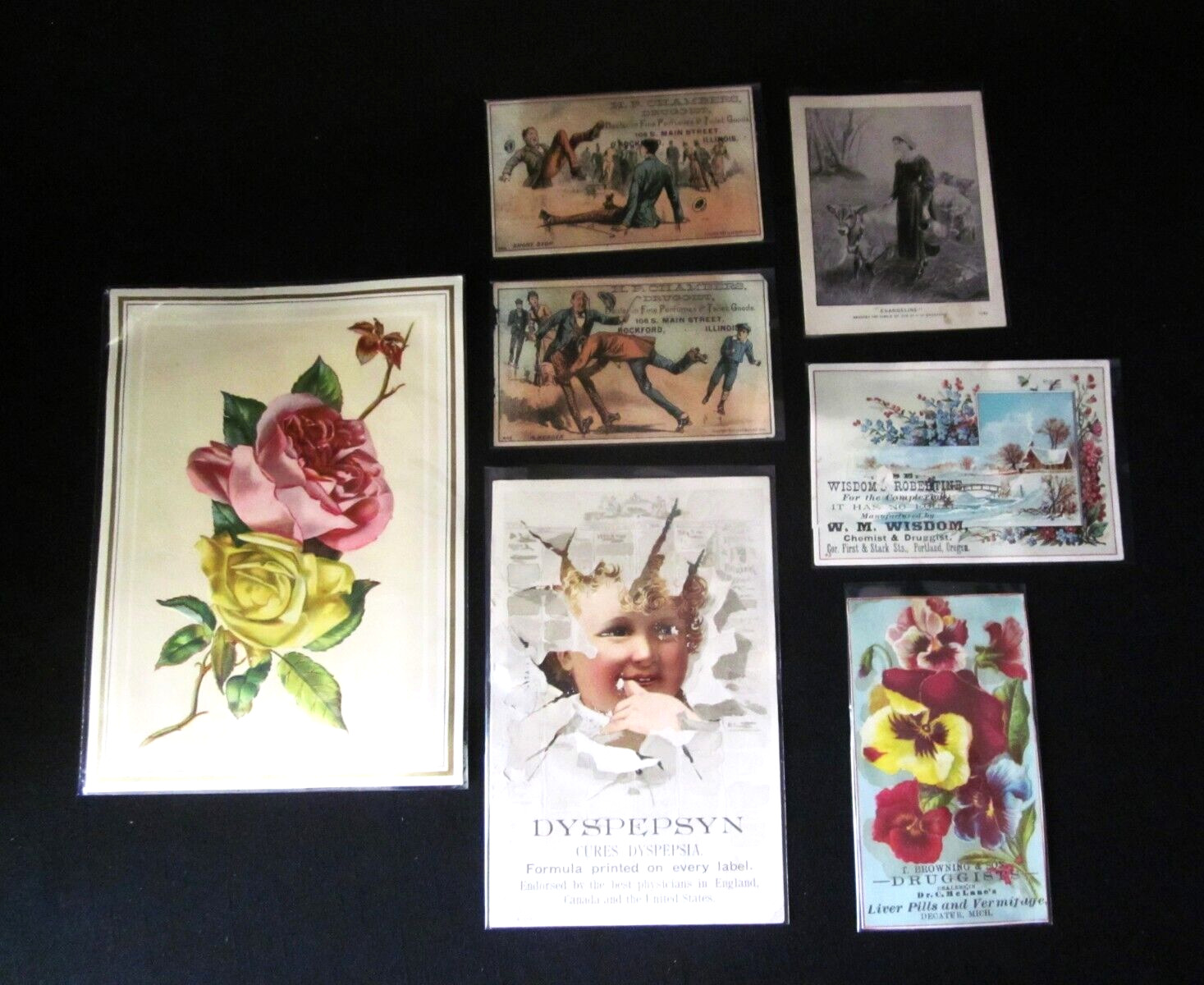 7 Victorian Trade Cards - Druggists & Drugs ILL. Ore. Pa.  N.Y.- Calendar 1888