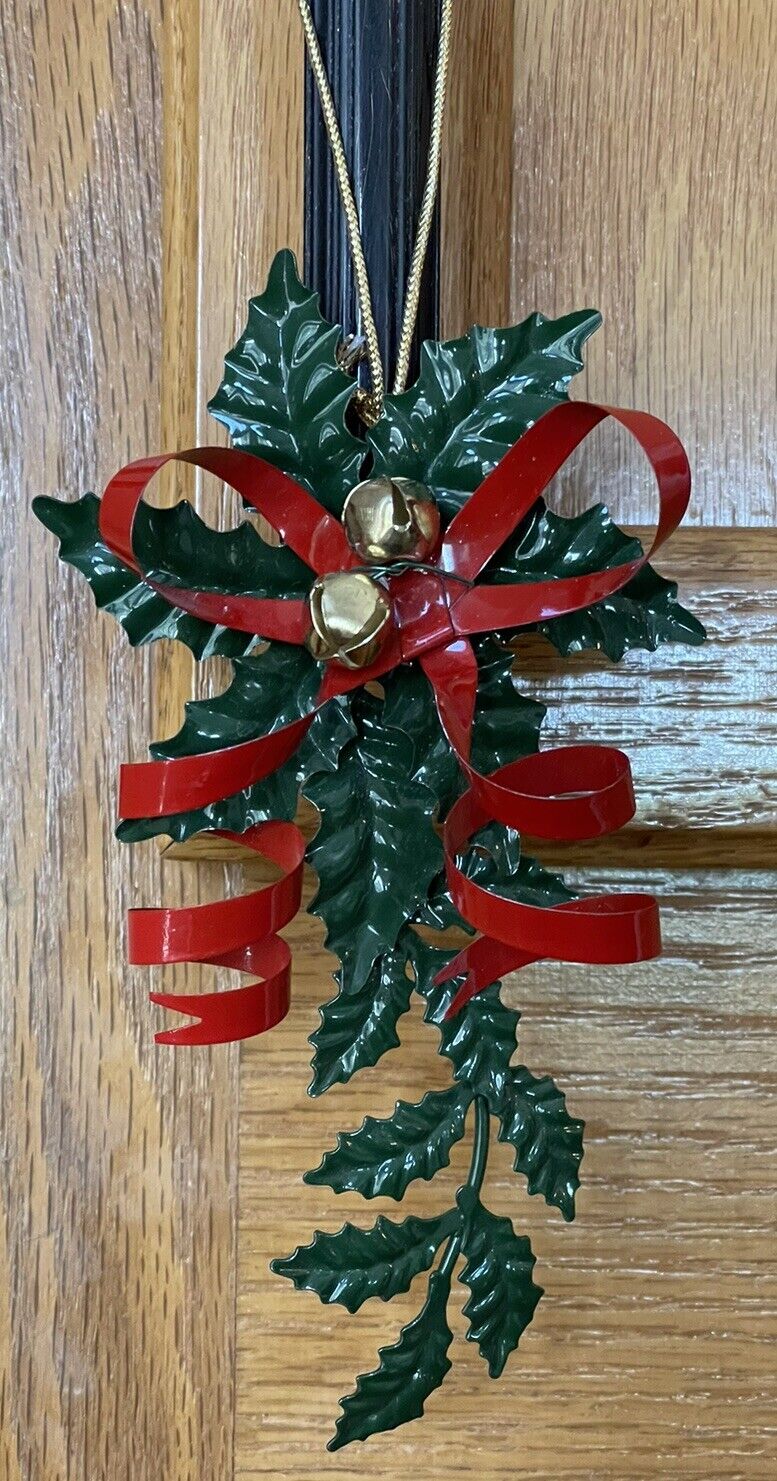 Vtg Christmas Branch Ornament Metal Red Ribbon, Holly Leaves, Gold Jingle Bells