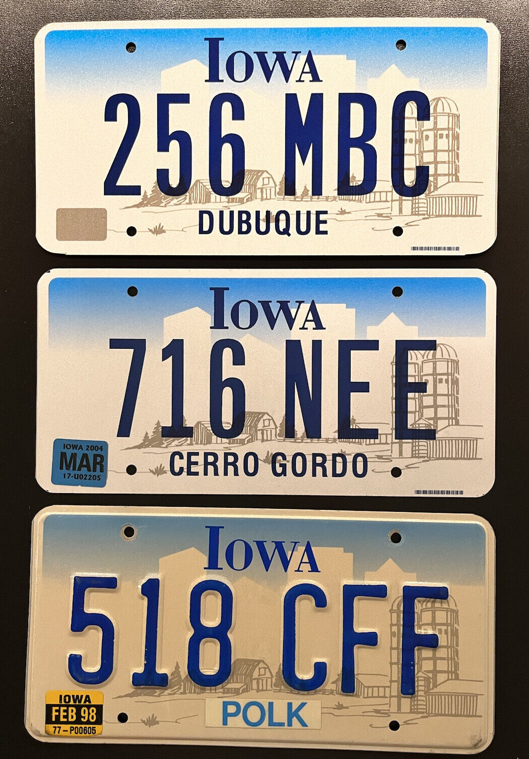 IOWA License Plates Polk Feb98 Cerro Gordo Mar04 Dubuque (Exp 2018)- Lot of 3