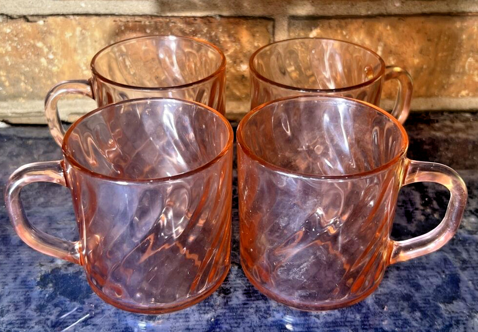 Vintage Set/4 Rosaline Arcoroc Pink Swirl Glass Coffee Mug Cup France Depression