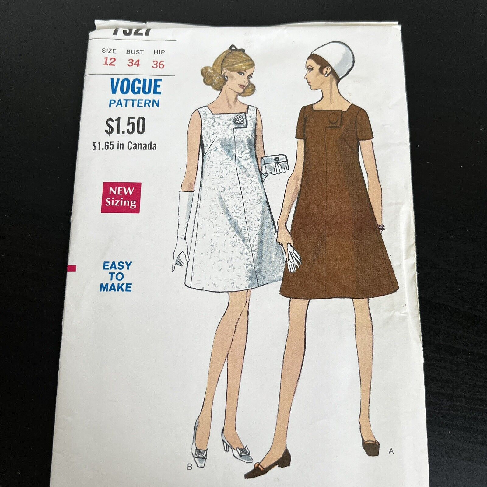 Vintage 1960s Vogue 7327 MCM Square Neck Button Tap Dress Sewing Pattern 12 CUT