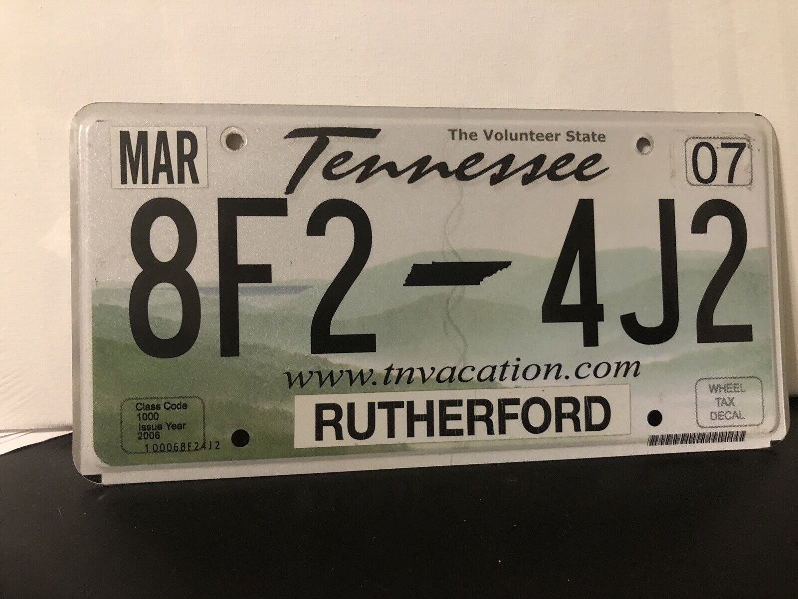 2007 Tennessee License Plate Rutherford 8F2 4J3