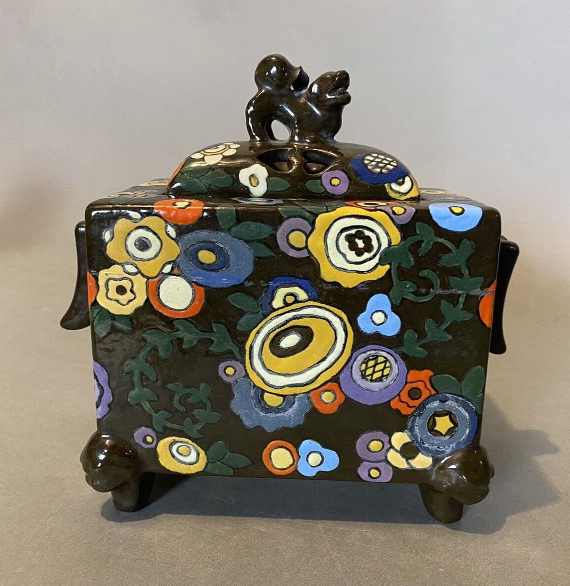 Antique Oriental Influenced Art Deco Covered Potpourri Scent Jar w Foo Dog Lid