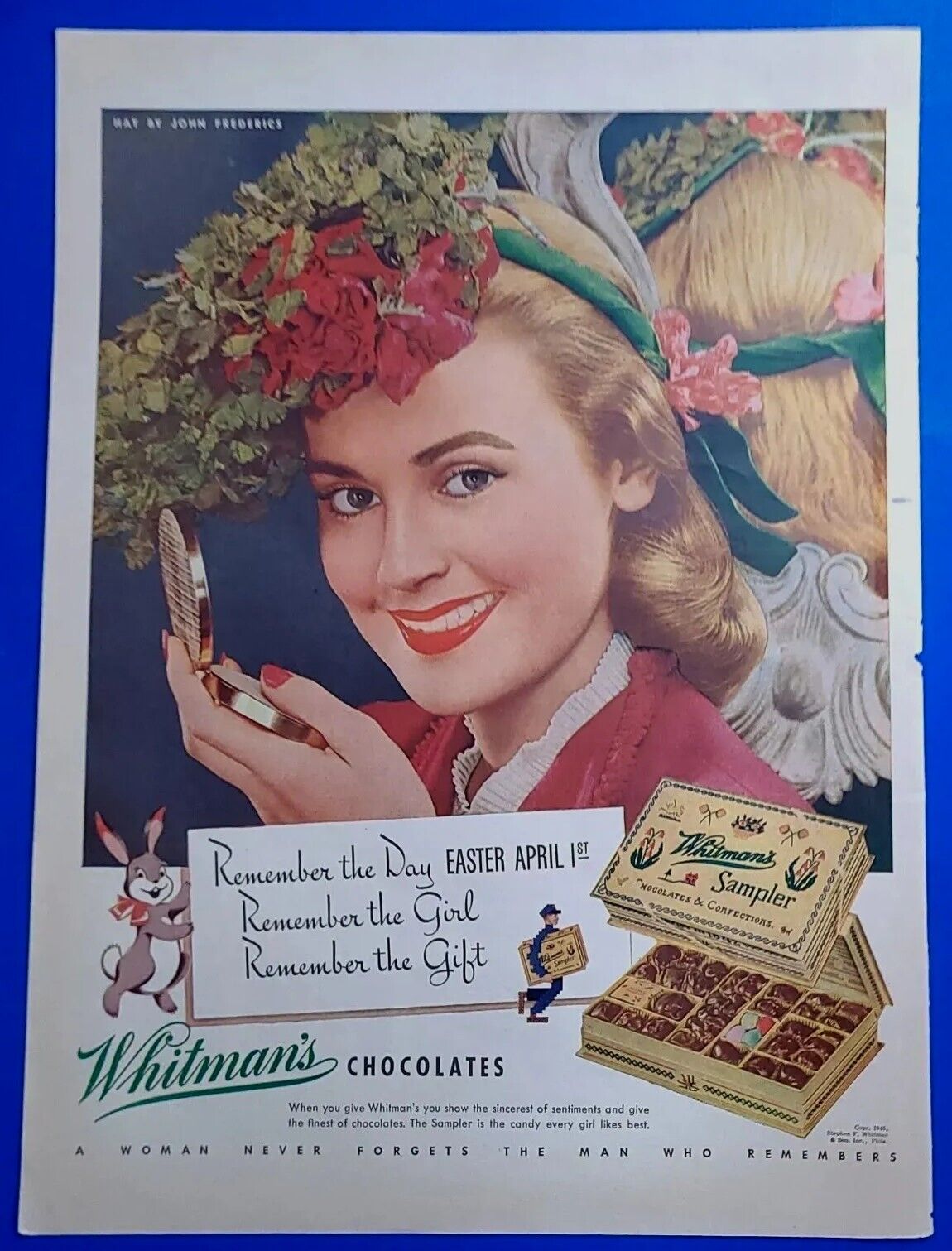 1945 Whitman\'s Chocolates 1940\'s Magazine Print Candy Ad Remember the Day Easter