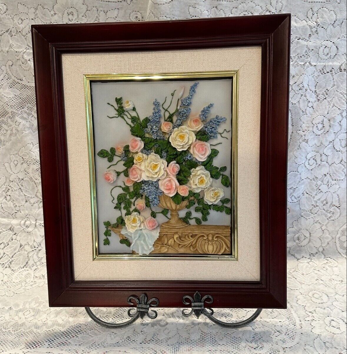 Vintage Porcelain Flower Basket in Picture Frame 3D Dimensions 17.5\