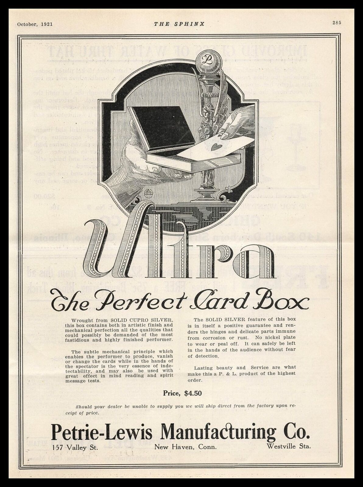1921 Ultra The Perfect Card Box Magic Trick Petrie Lewis New Haven CT Print Ad