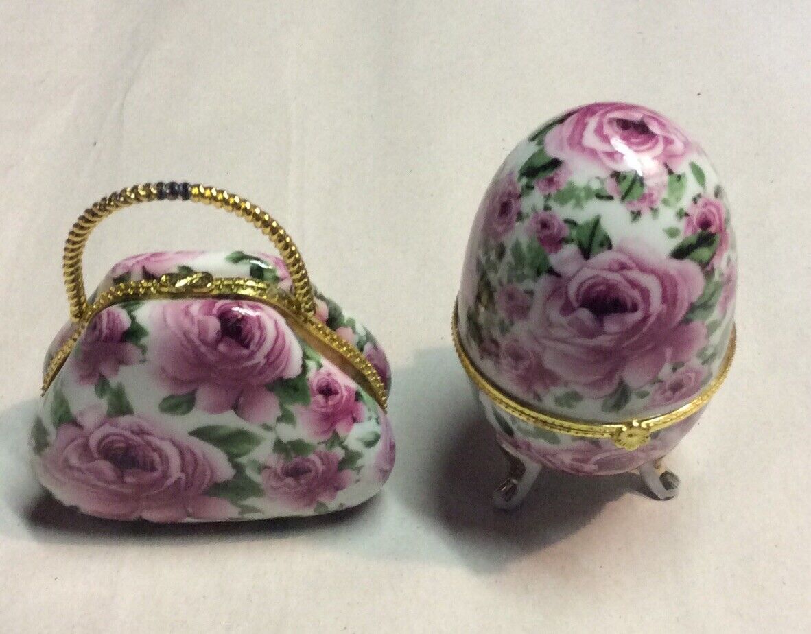 VTG 2of Purse & Egg Figurines Trinket Box Jewelry Glass Floral Gift Decor4”&3.5”