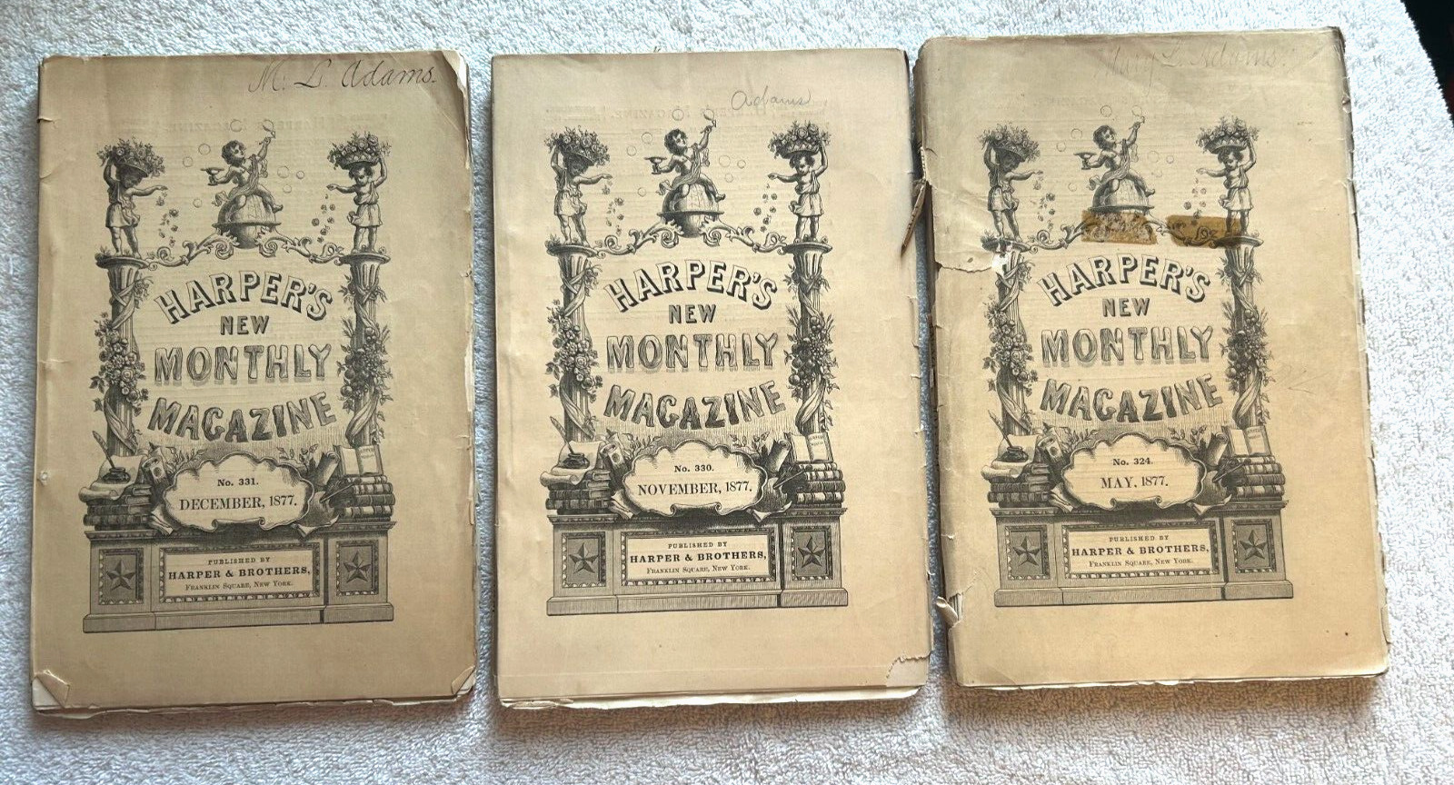 3 Antique Harpers New Monthly Magazines, 1877 Harper & Brothers New York