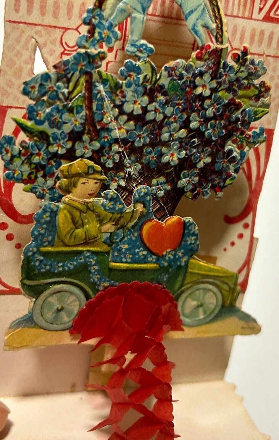 Victorian Antique Germany Diecut Fold-out Automobile Floral VALENTINES DAY Card