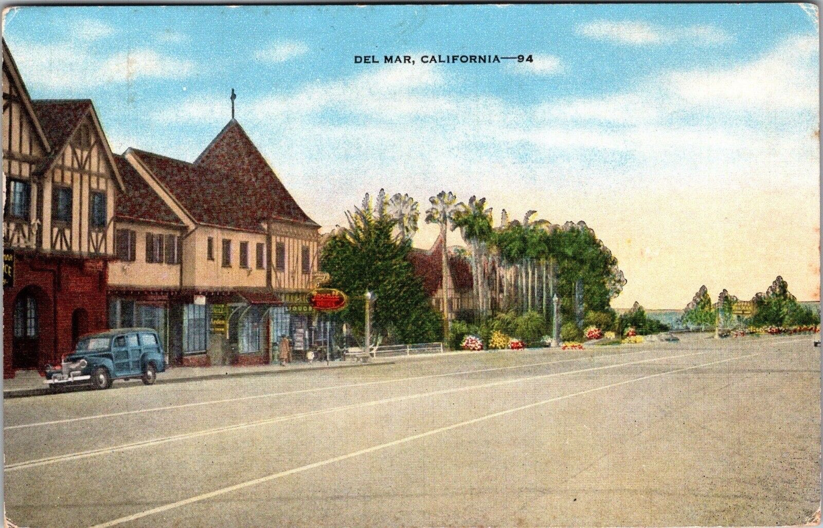 Del Mar California Street View Vintage Linen Postcard Old Car Trees 1953 PC21