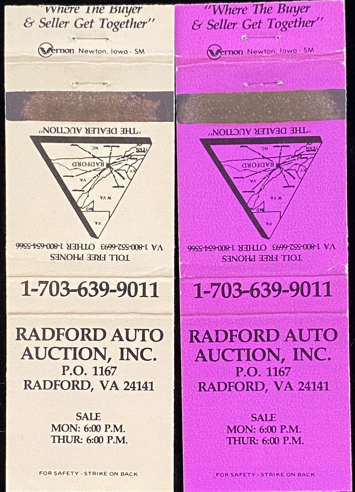 RADFORD Auto Auction Radford Virginia Set Of 2 Vintage Matchbook Covers B-3065