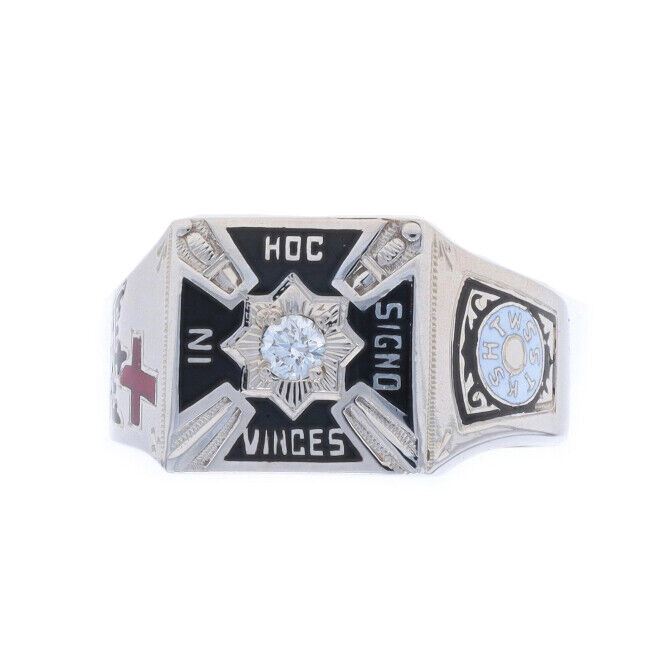 White Gold Knights Templar Vintage Men's Ring - 14k Dia .10ct York Rite Masonic