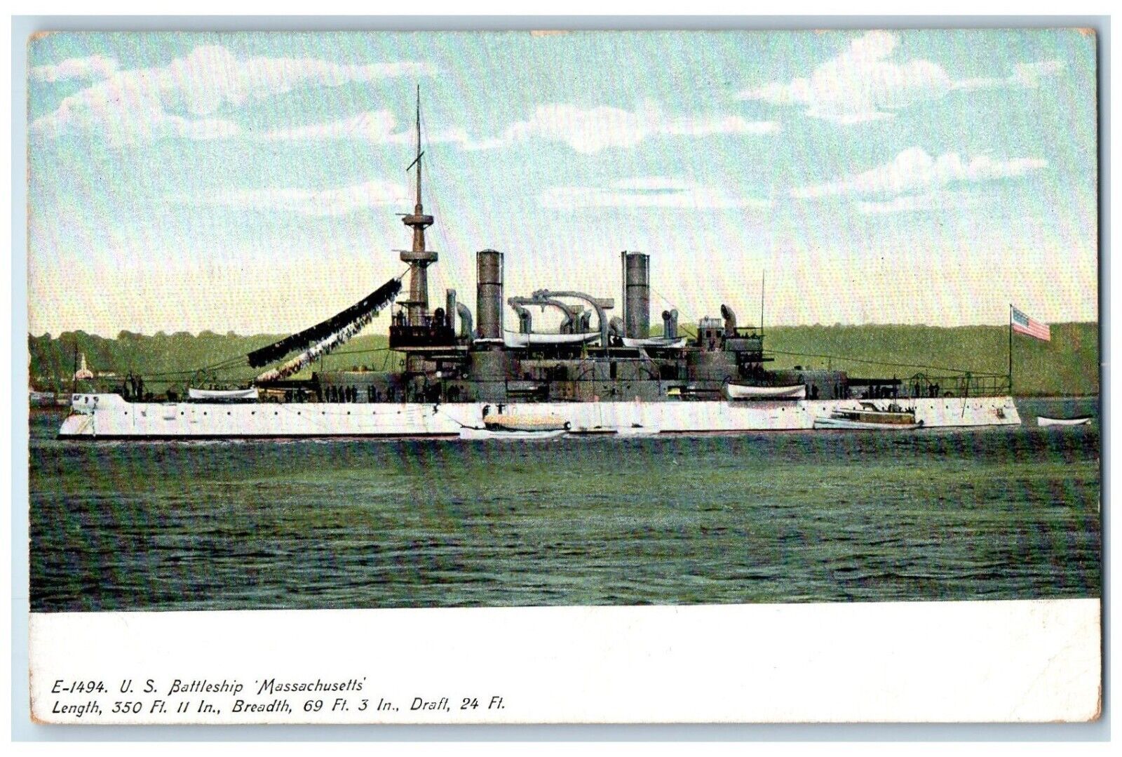 1905 U.S. Battleship Steamer World War Ship Sea Massachusetts Vintage Postcard