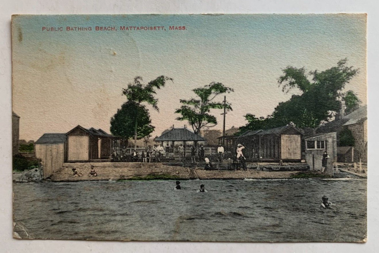 1912 MA Postcard Mattapoisett Massachusetts Public Bathing Beach shore swimmers