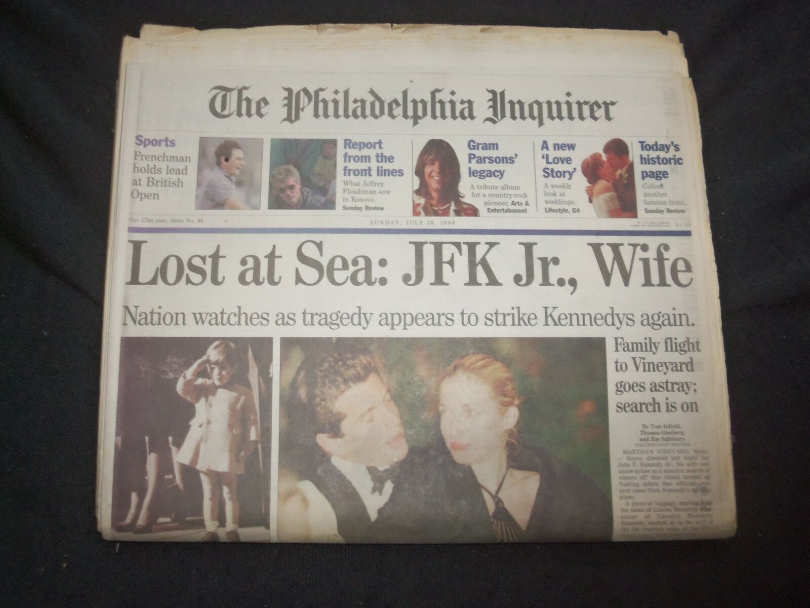 1999 JULY 18 PHILADELPHIA INQUIRER - LOST AT SEA: JFK JR. AND WIFE - NP 7459