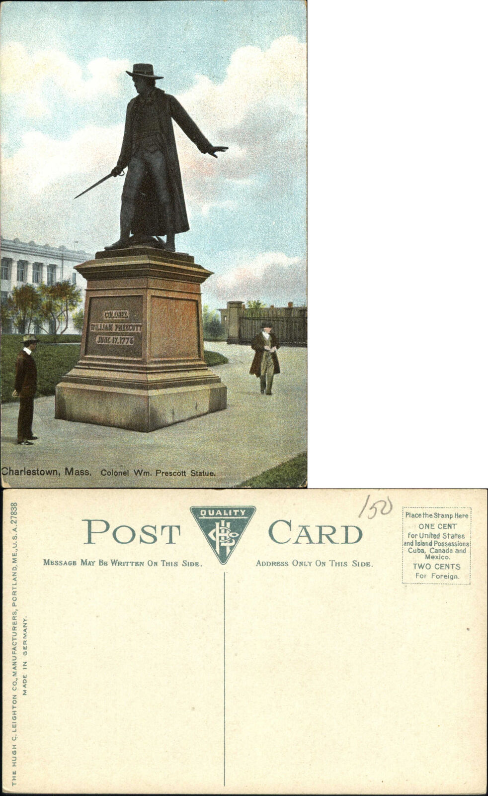 Prescott Statue Bunker Hill Charlestown MA ca. 1910 Revolutionary War