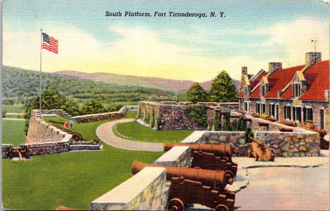 Fort Toconderoga NY 1940s Canon American Flag South Platform Vintage Postcard