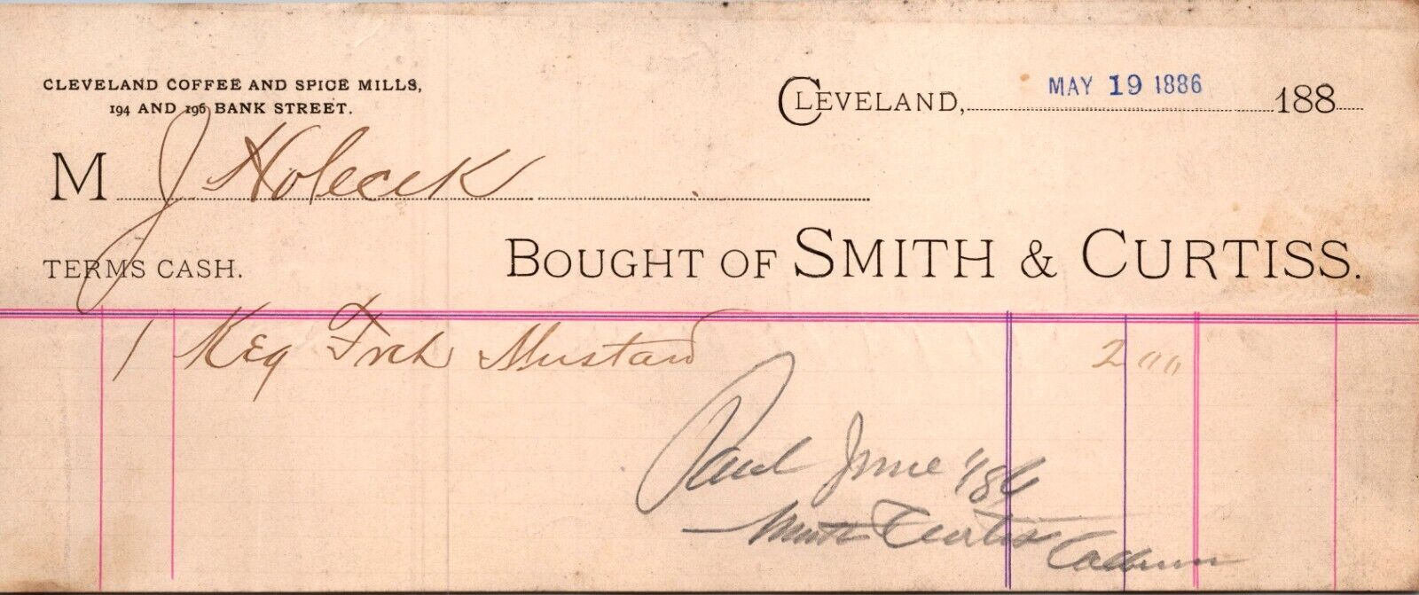 Smith & Curtiss Cleveland OH 1886 Billhead Cleveland Coffee & Spice Mills
