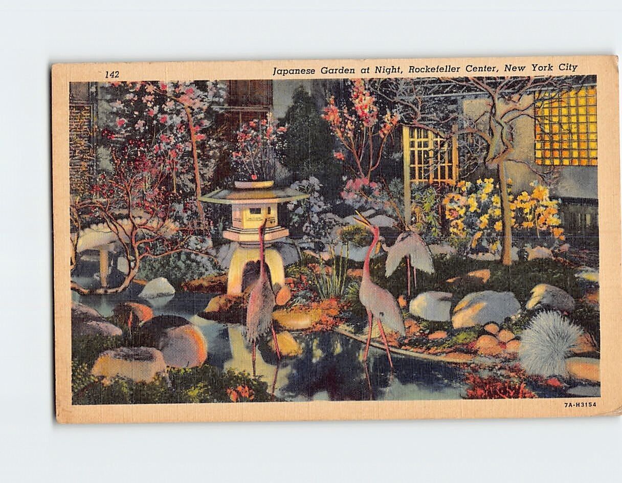 Postcard Night Japanese Garden Rockefeller Center NYC New York USA North America
