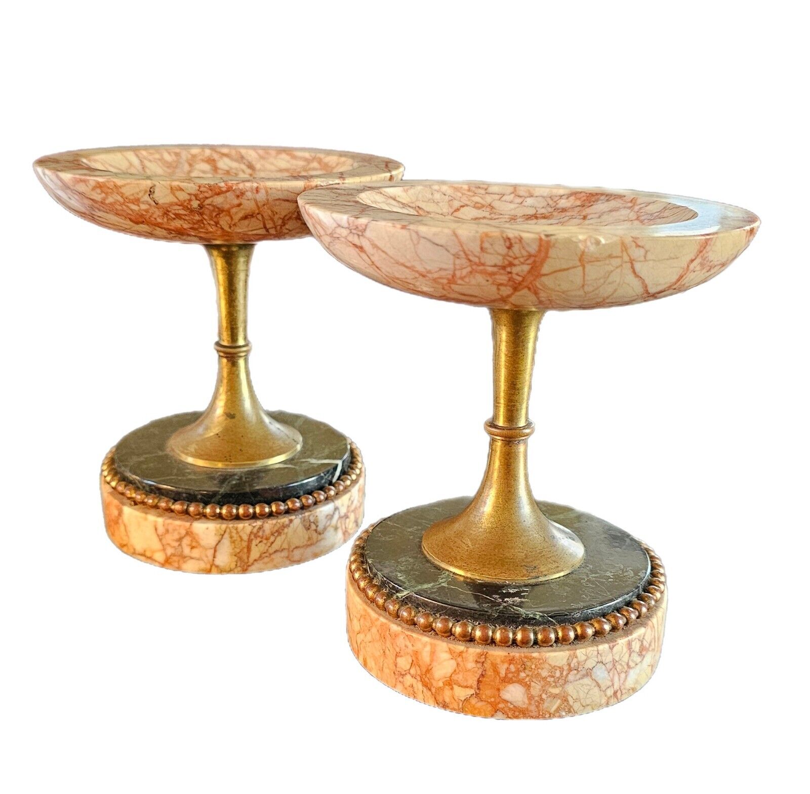 Pair of Antique French Tazzas Pink Veined & Green Marble w/ Beaded Round Base
