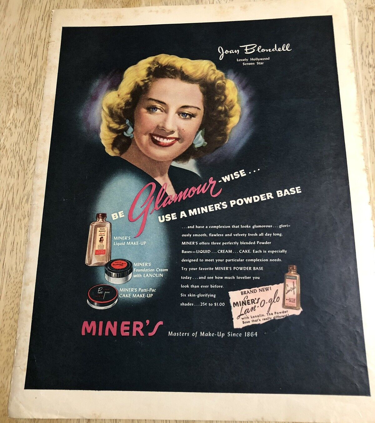 1944 JOAN BLONDELL Miners Make-Up / Deanna Durbin Cover - Vtg  2-sided Clipping