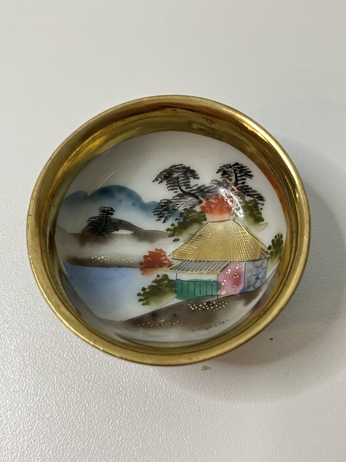 Vtg Moriagi Pre Occupied Japan Mini Hand Paint  Gold River Porcelain Bowl Sign