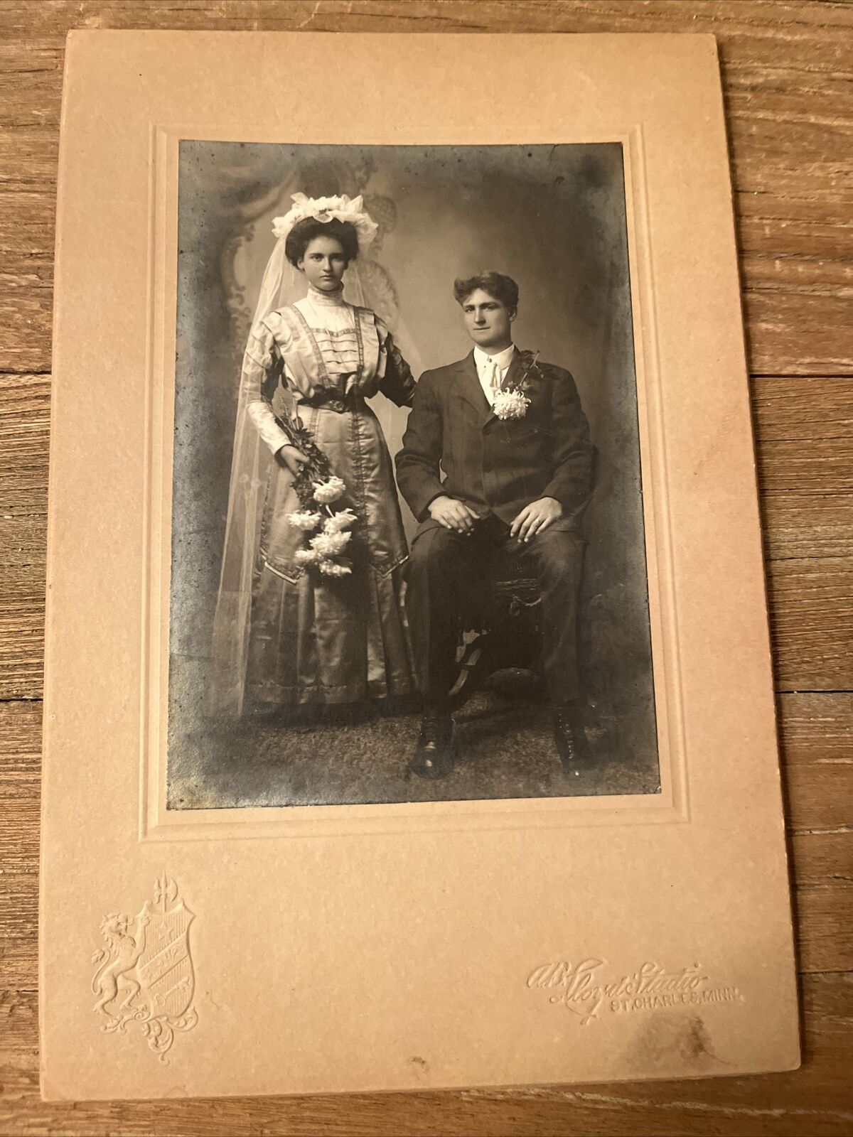 Antique Wedding Photo Edwardian Era 1910 Handsome Young Couple Wasp Waist Dress