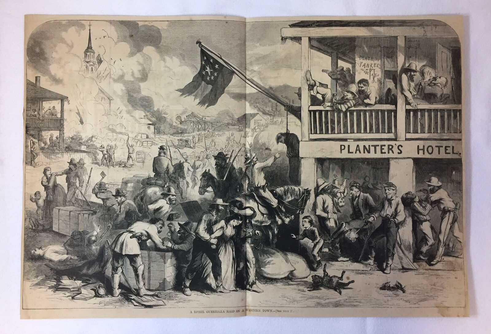 1862 magazine engraving~14x21~REBEL GUERRILLA RAID IN A WESTERN TOWN Civil War