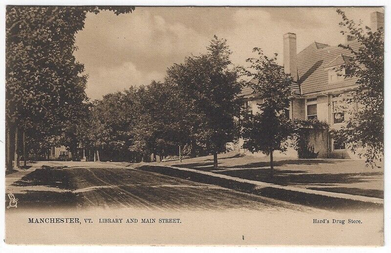 Manchester,  Vermont,  Vintage Postcard View of Library and Main Street