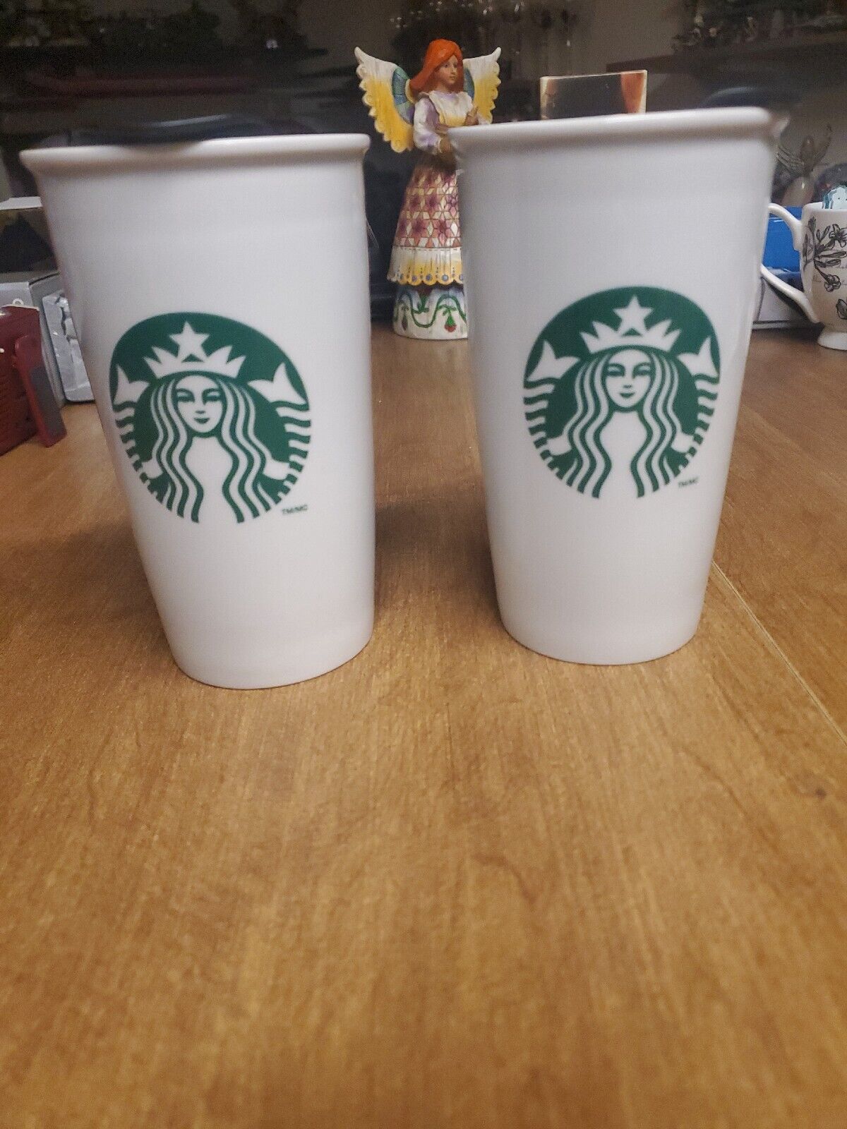 2x Starbucks 2011 Ceramic Travel Coffee Mug Tumbler White 12 Oz w Lids (m12)