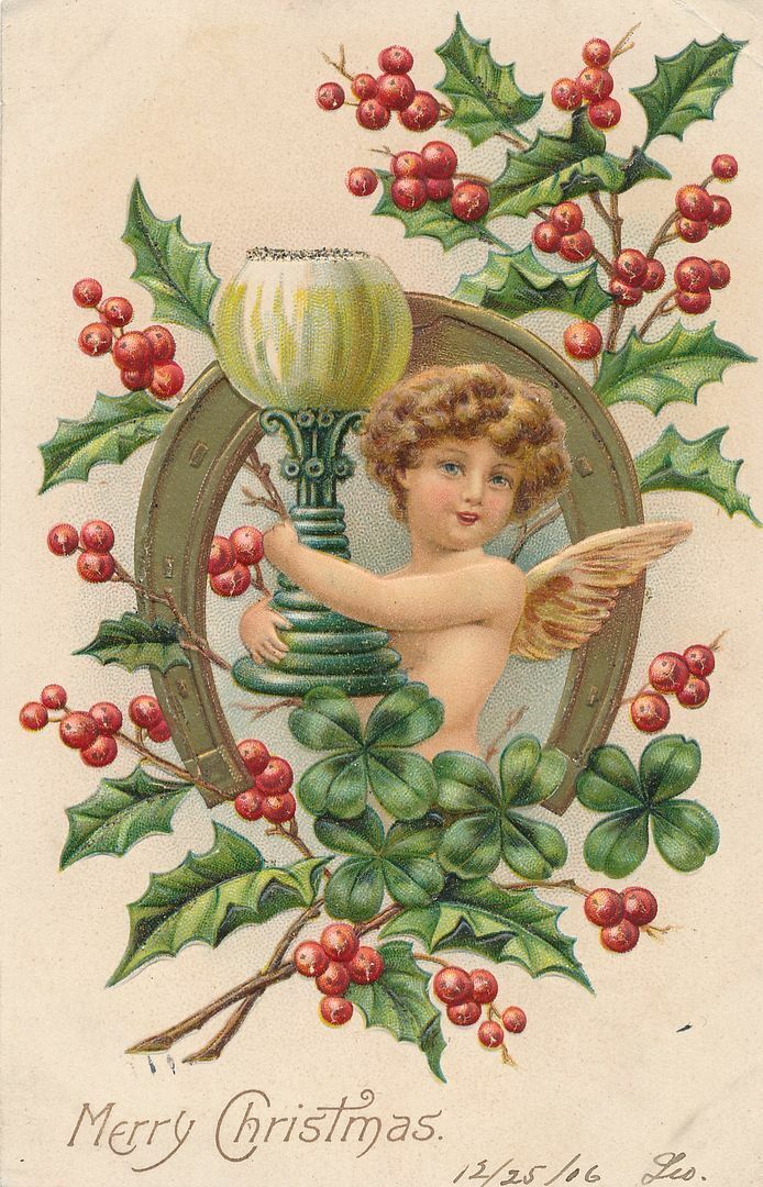 CHRISTMAS - Angel and Berries Glitter Covered Postcard - udb (pre 1908)