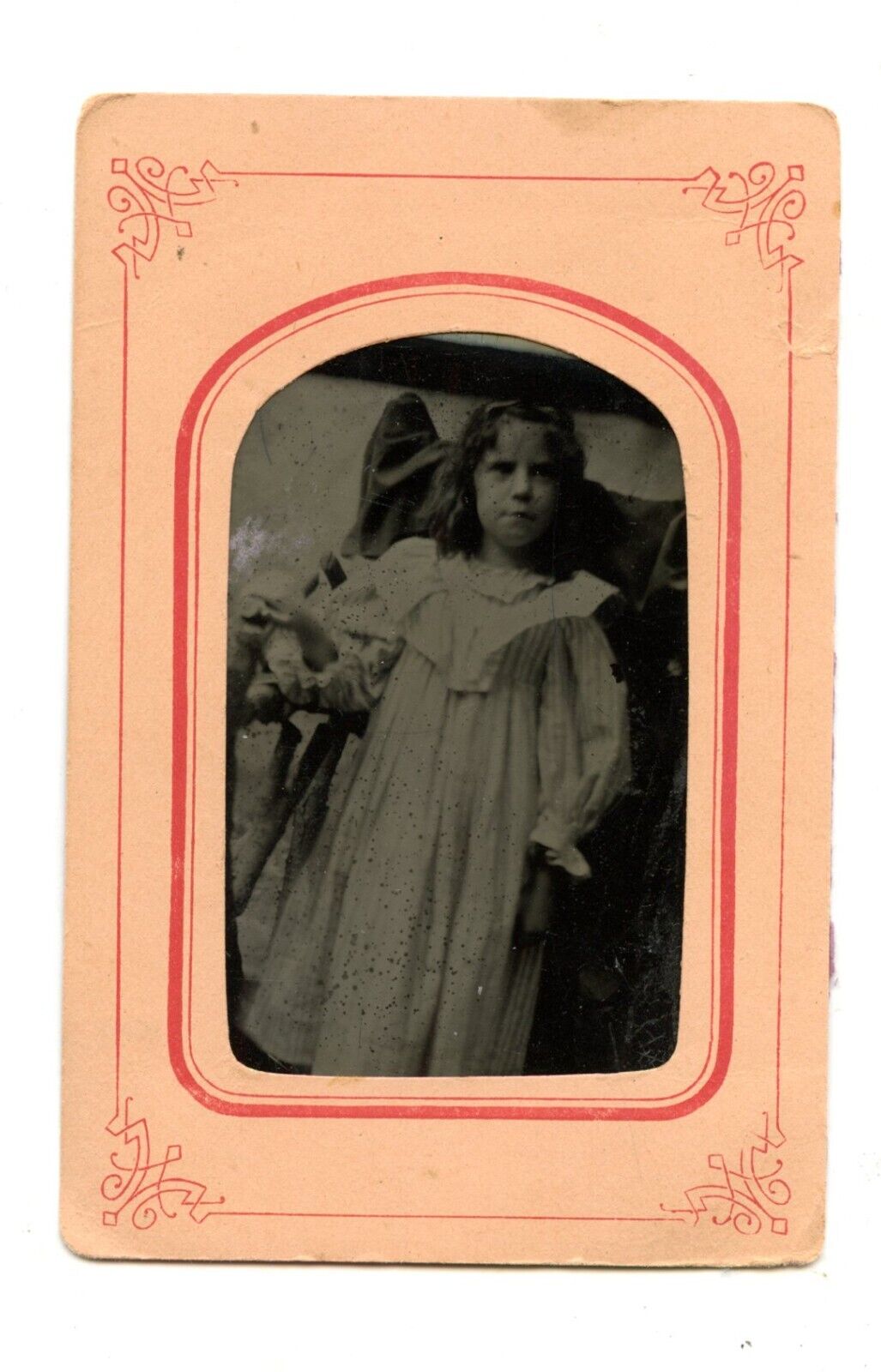 Tintype Photo - Little Girl, Long Dress, Long Sleeves, Ruffle Collar, Nice Cond