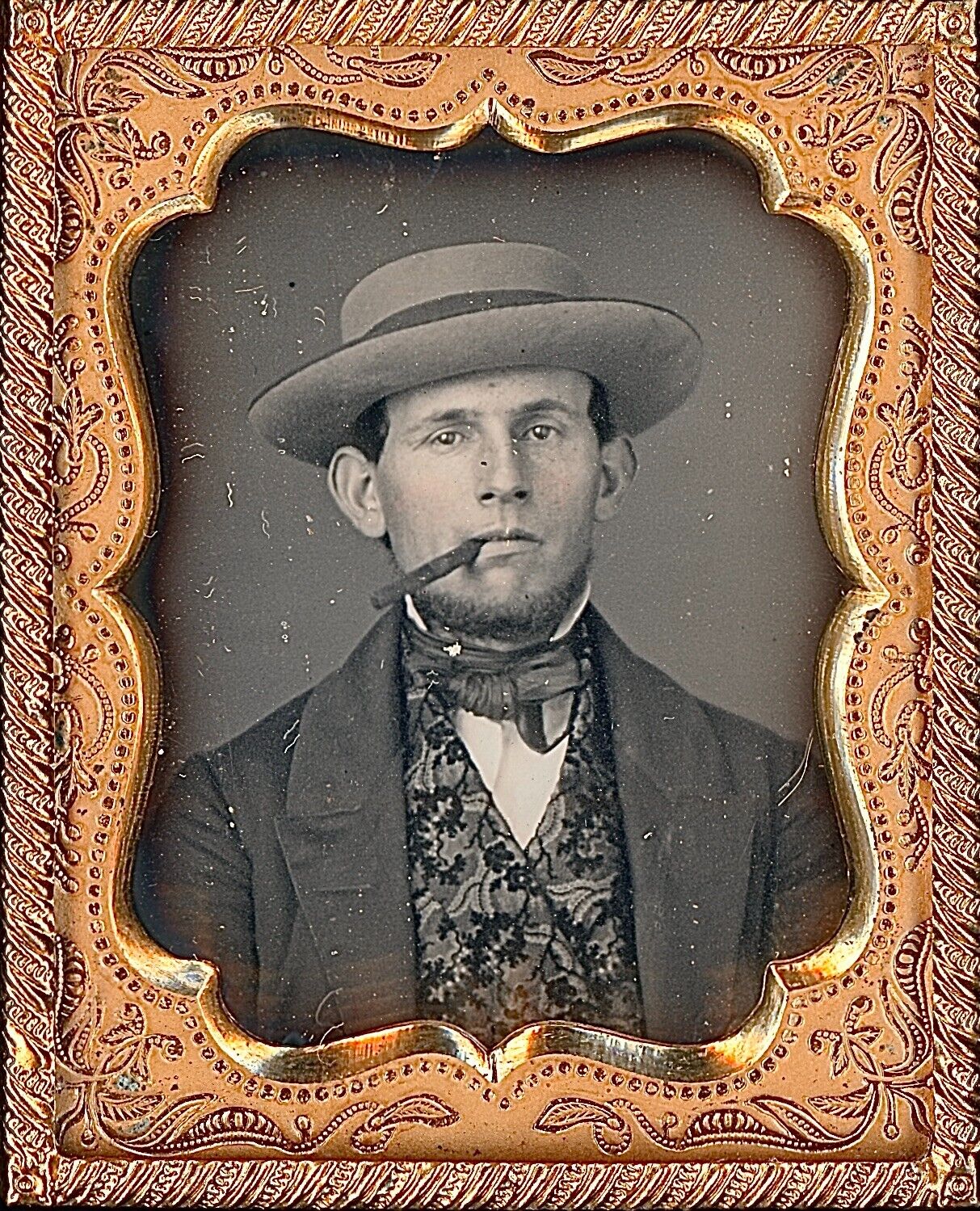 Handsome Rugged Man Smoking Cigar Hat Pattern Vest 1/9 Plate Daguerreotype T229