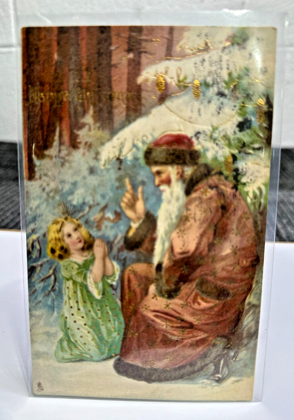 Antique Tuck's Postcard Christmas Santa Maroon Long Robe Girl Postmark 1909