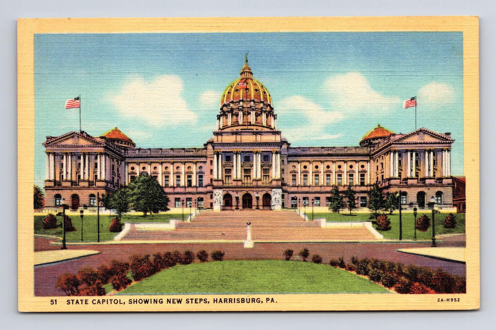 c1932 Linen Postcard Harrisburg PA Pennsylvania State Capitol Building New Steps