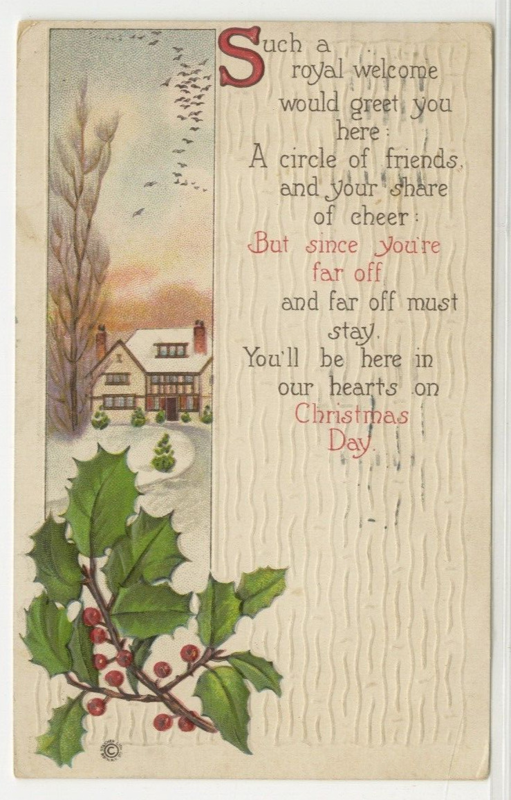 Christmas Postcard Seasons Greetings Snow-Covered Farm & Holly 1916 vintage G9