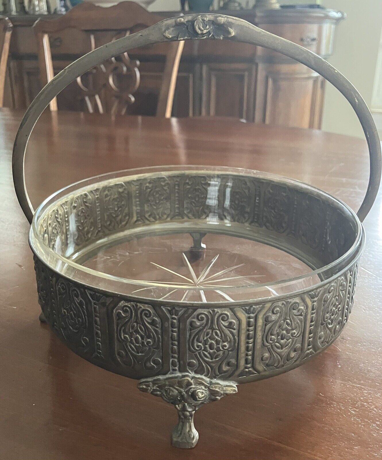 Vintage Ornate Bronze Handled Bowl With Etched Glass Insert