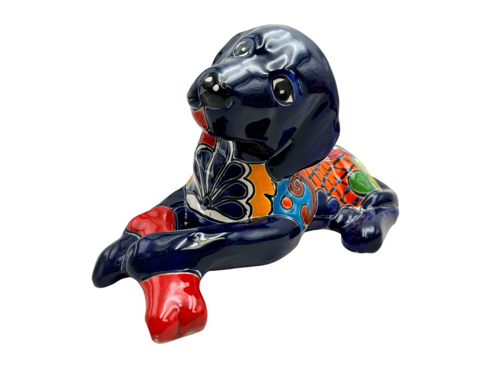 Talavera Dog with Bone Laying Down Mexican Pottery Hand Painted Home Decor 15\