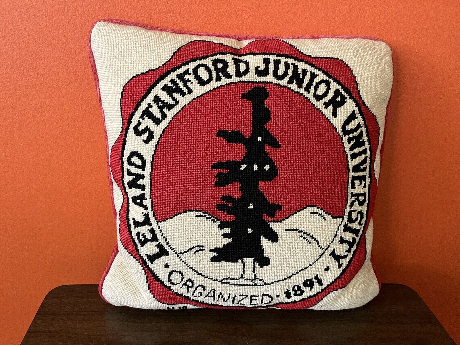 STANFORD UNIVERSITY Needlepoint Pillow Souvenir College • Vintage • signed 14”