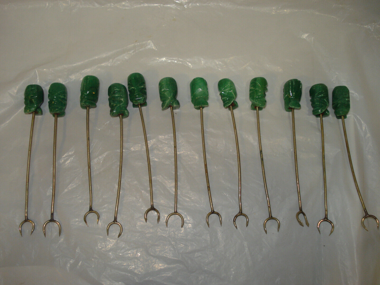 Vintage Green Stone Jade Heads icks Forks Set of 12